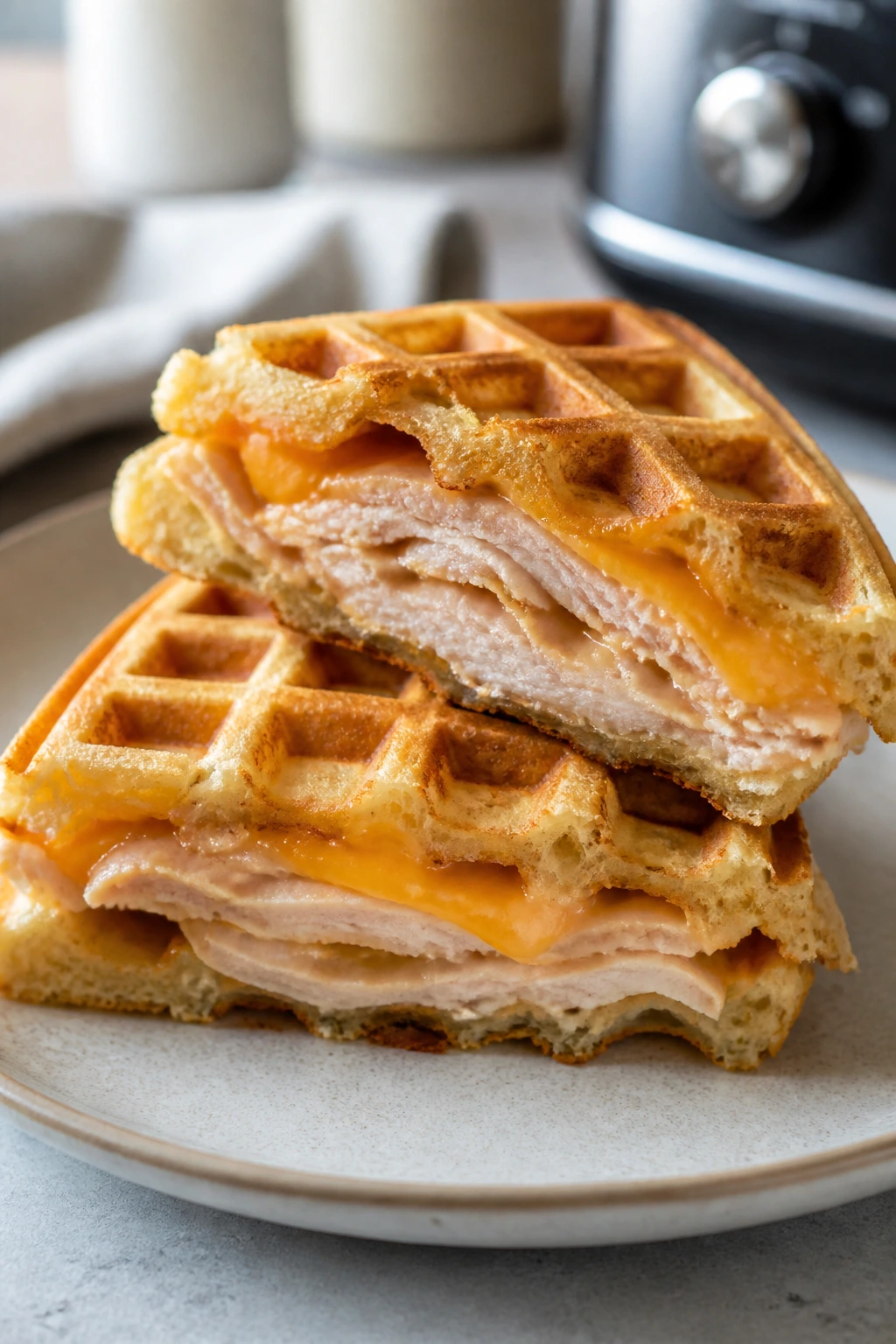 Close-up of turkey and cheese waffle sandwich halves on a plate