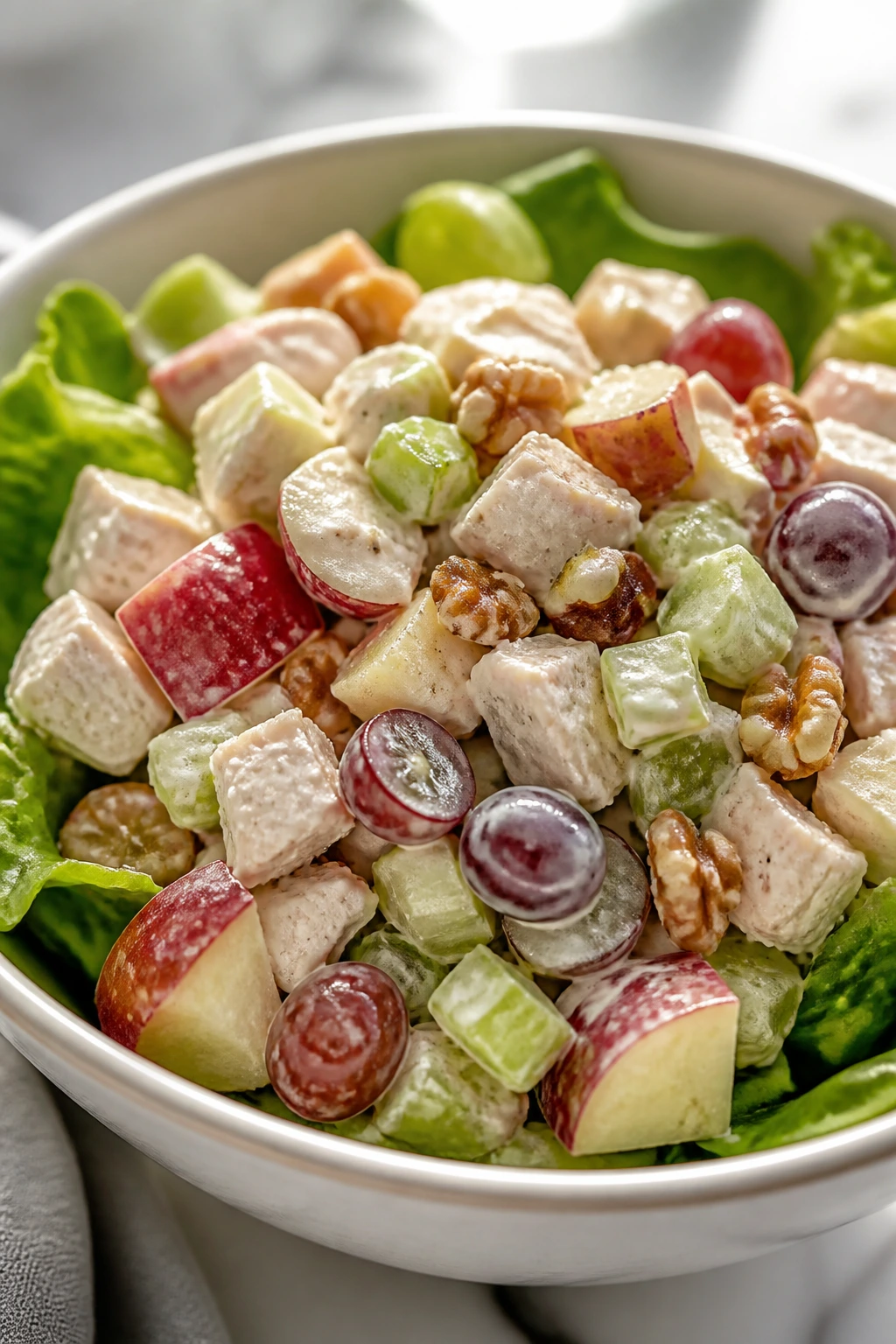 Waldorf chicken salad with apples, grapes, celery, and walnuts in a bowl