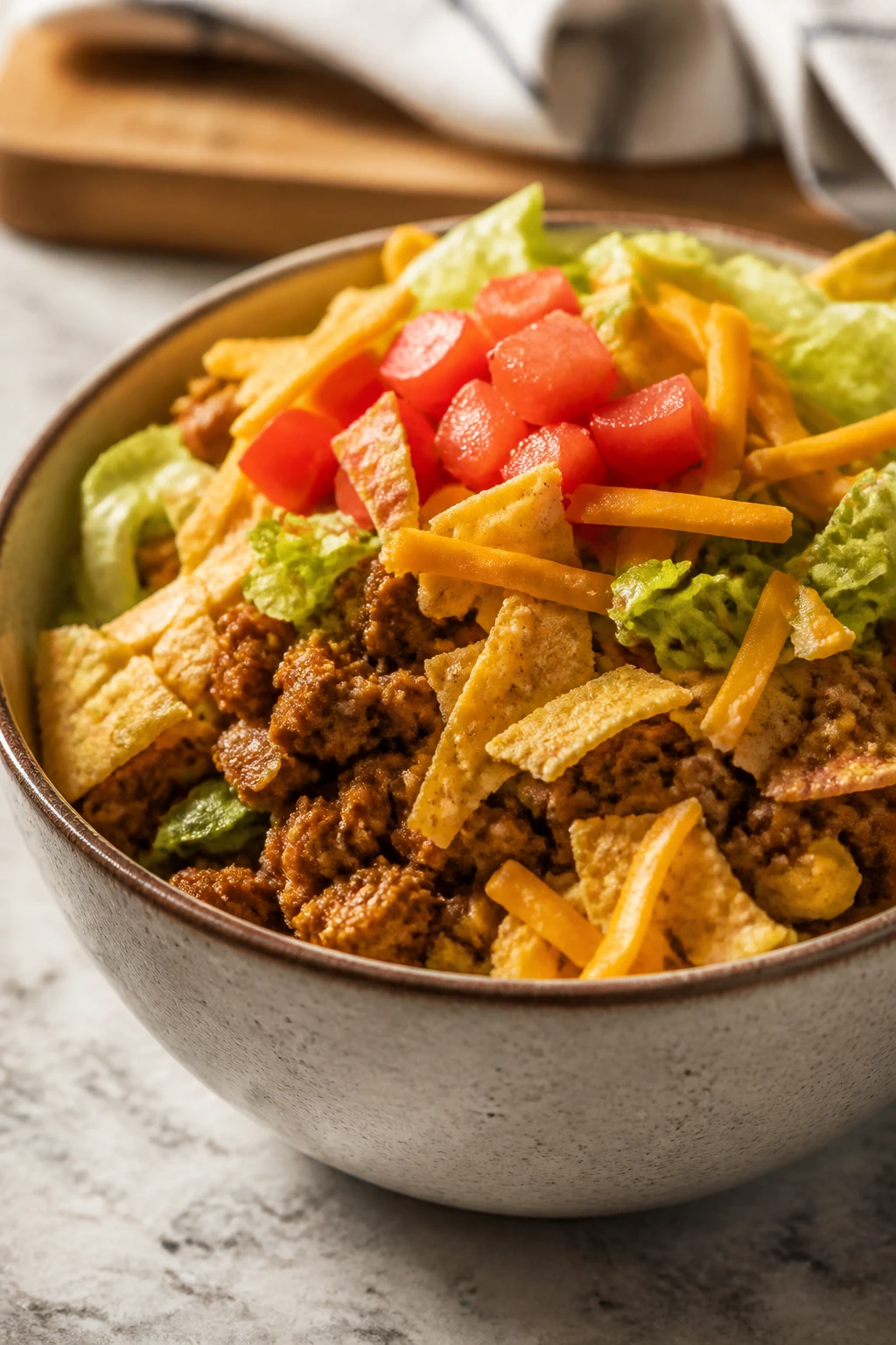 Close-up of a walking taco bowl with meat, chips, and toppings