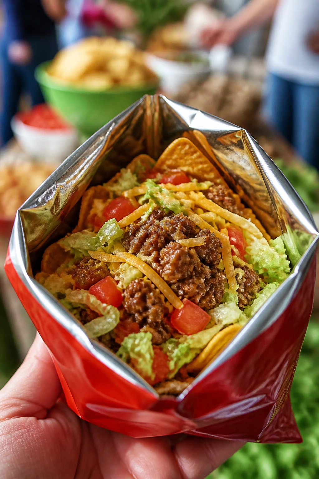 Close-up of a walking taco served in a chip bag