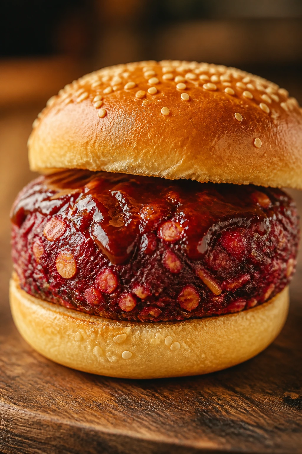 Close-up of Walnut Beet Burger with BBQ glaze on a bun