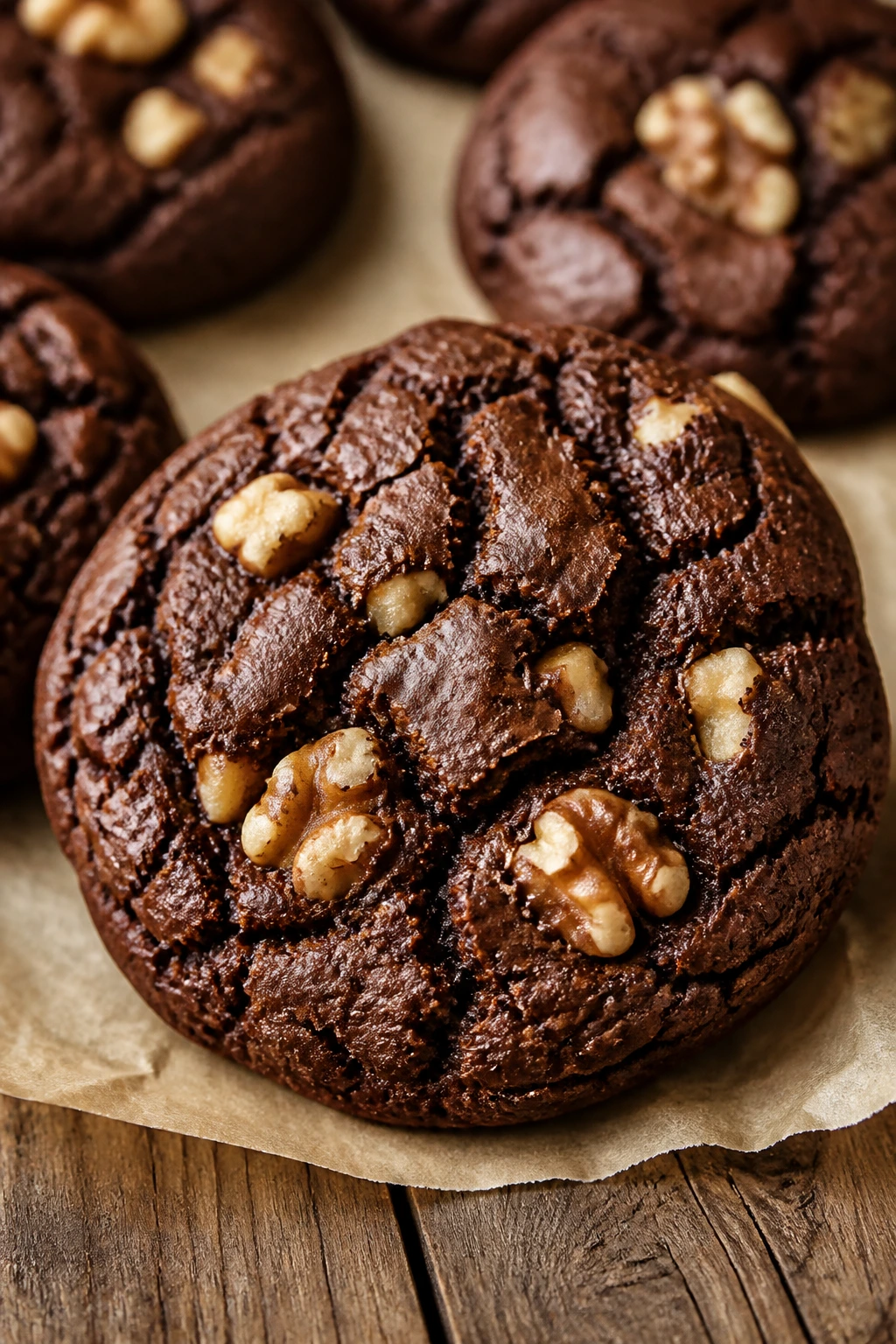 Close-up of crackled walnut chocolate cookies with walnuts on parchment
