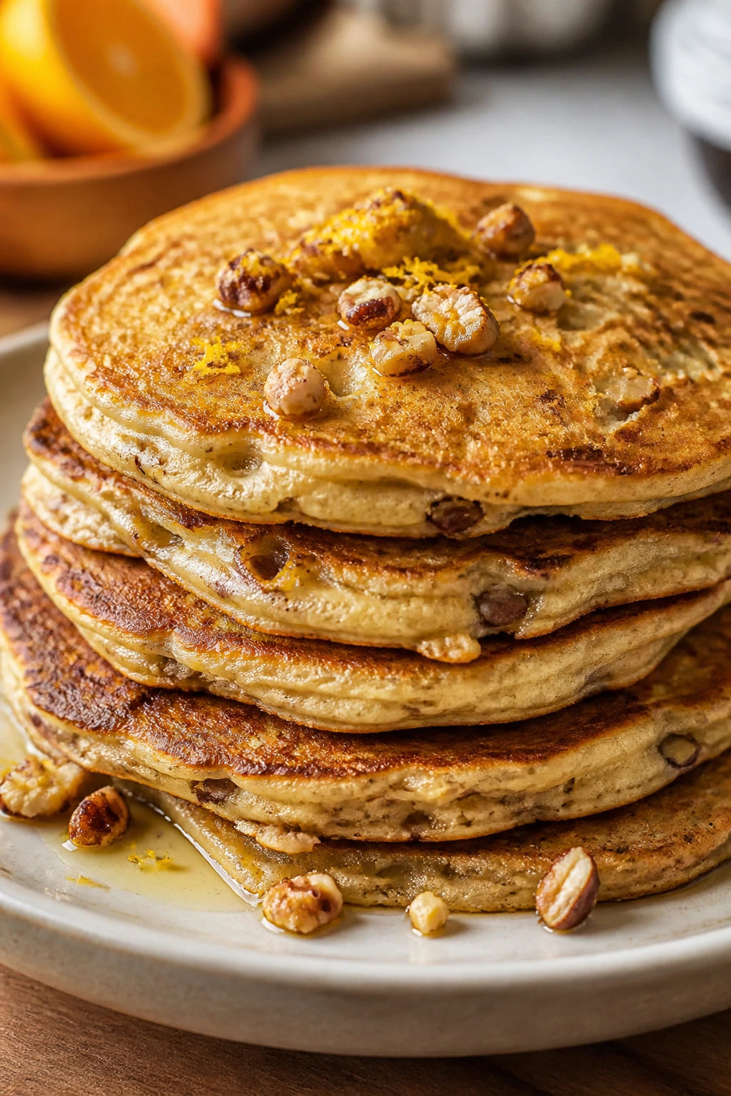 Close-up of walnut orange blossom pancakes with walnuts and orange zest.