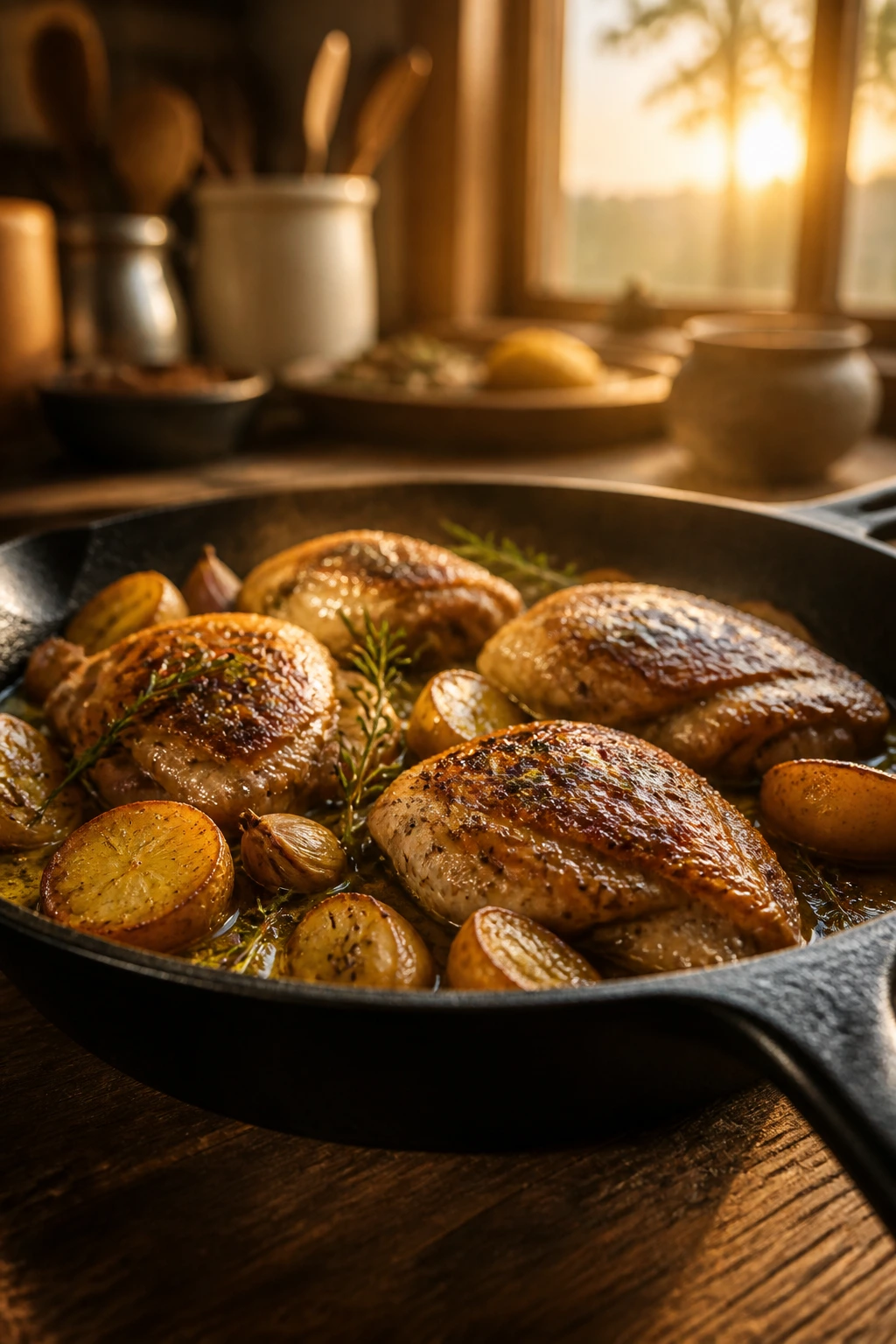 Cast iron skillet on a wooden table with butter and herbs in golden hour light