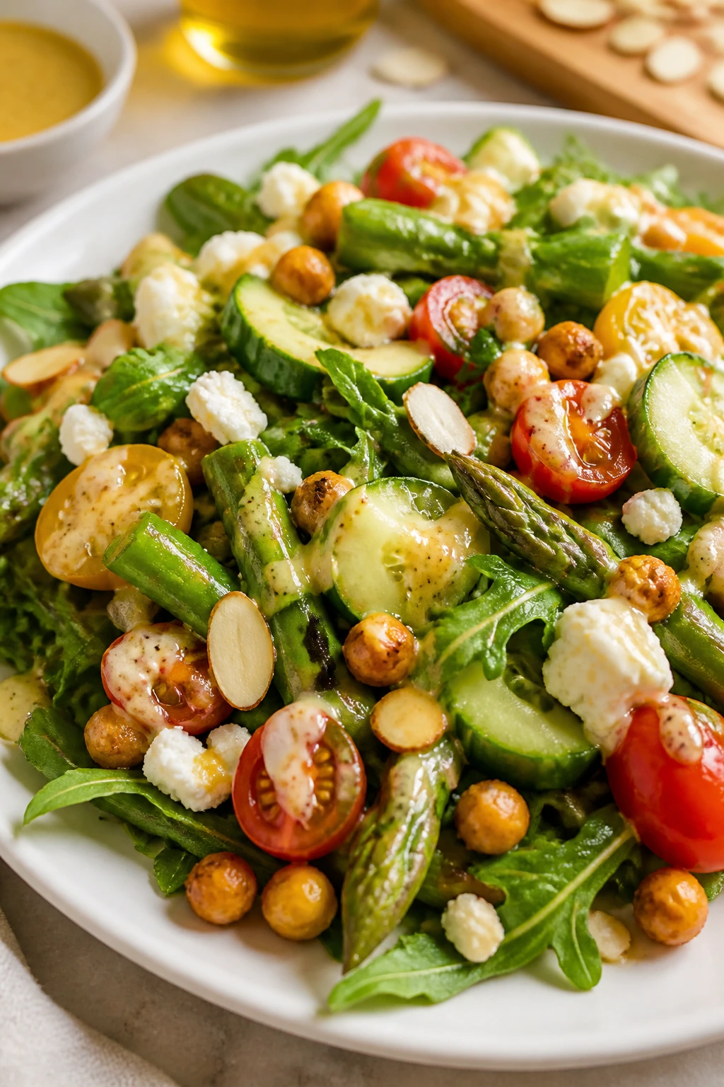 Close-up of a Mediterranean warm salad plated with greens, vegetables, feta and almonds.