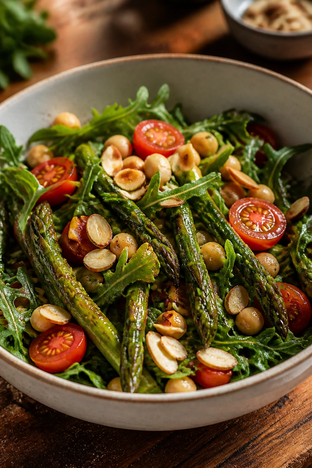 Close-up of warm salad bowl with asparagus, tomatoes, chickpeas and almonds on a wooden counter
