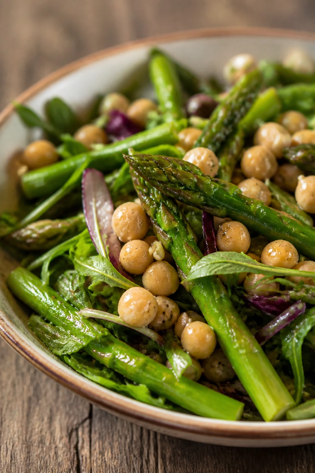 Close-up of a warm asparagus and chickpea salad in a rustic setting.