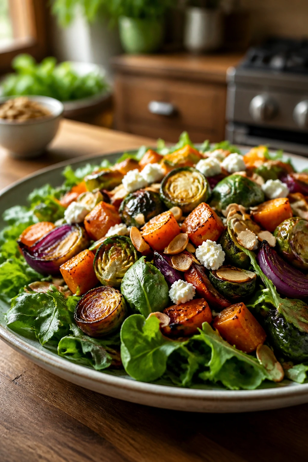 Close-up of warm salad on a shallow platter with greens feta and almonds