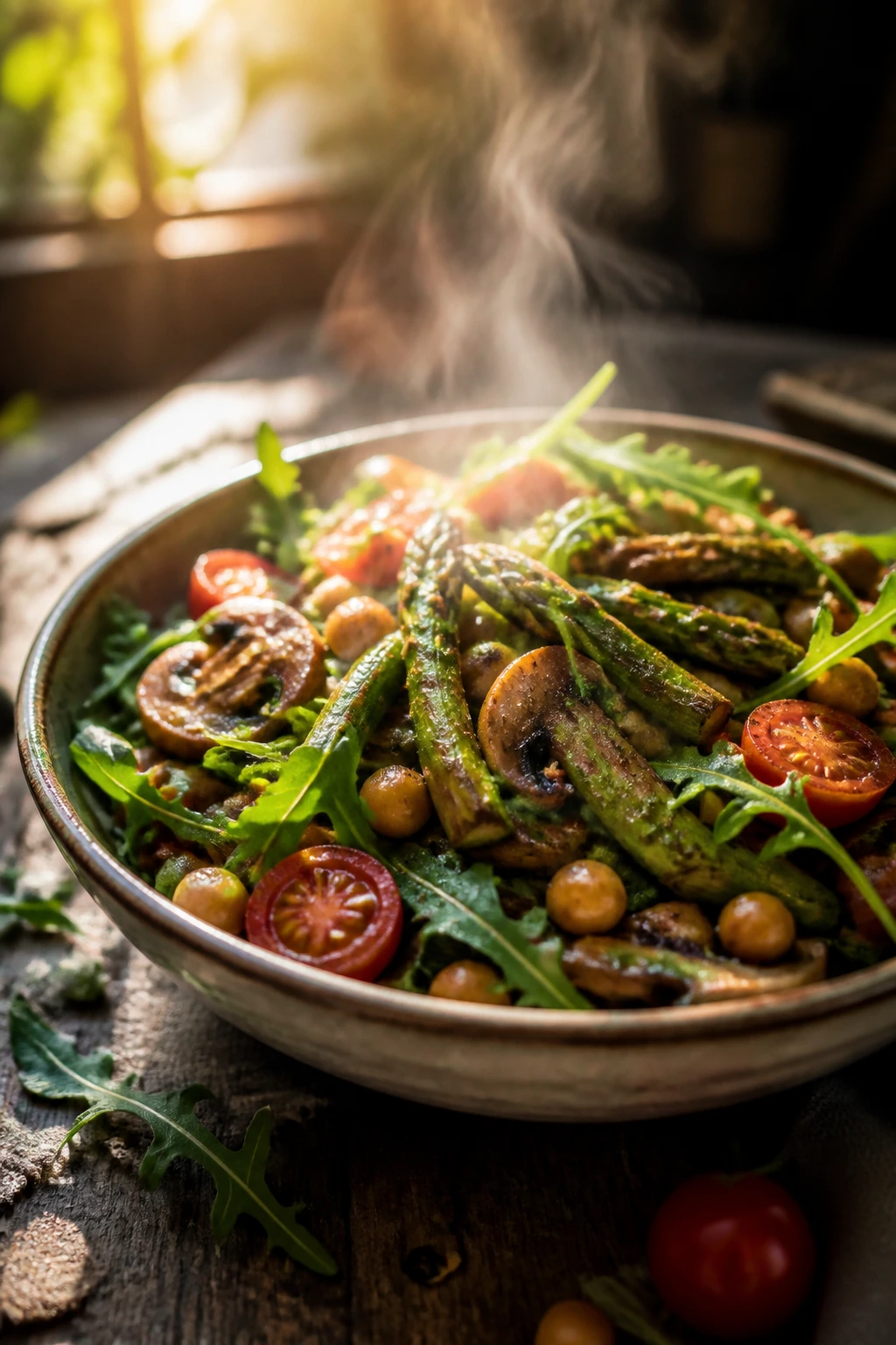 Steaming warm salad bowl on a rustic table