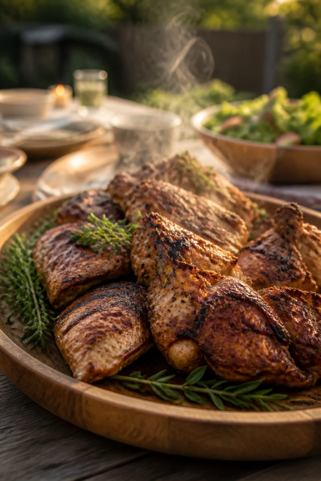 Close-up of smoky grilled chicken with a warm glow in a backyard setting