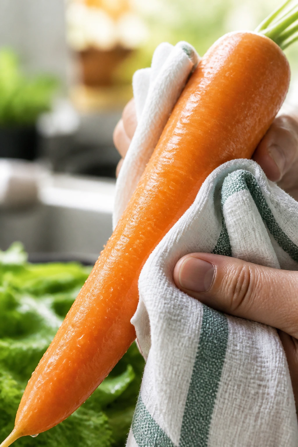 Crisp carrot being pat-dried with a towel in a bright kitchen