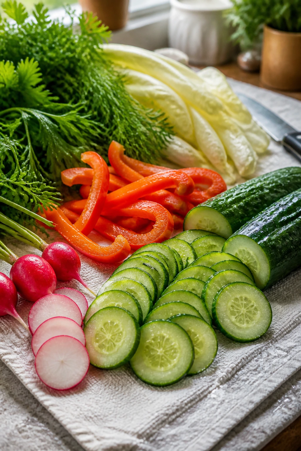 Crisp vegetables drying on a towel after washing, ready to slice.