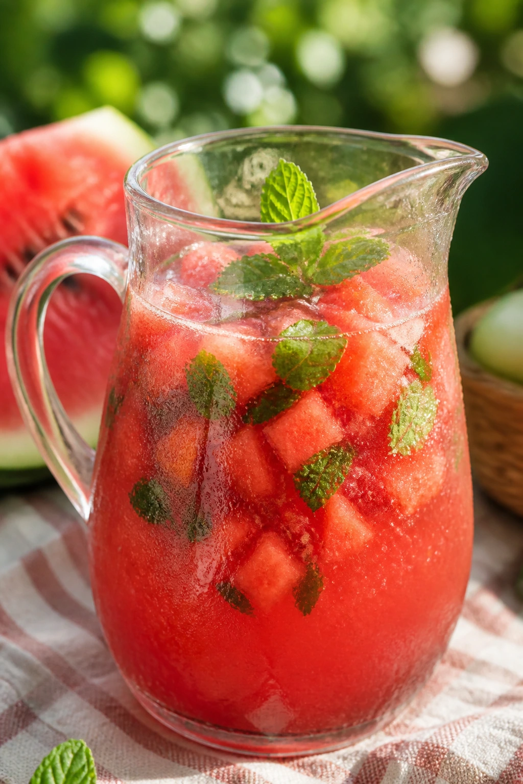 Watermelon mint agua fresca in a pitcher on a sunny picnic