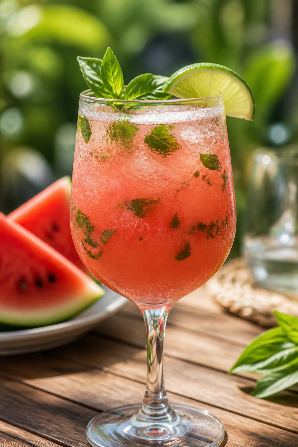 Close-up of Watermelon Basil Daiquiri Spritz in a glass with basil and lime on a sunny brunch table