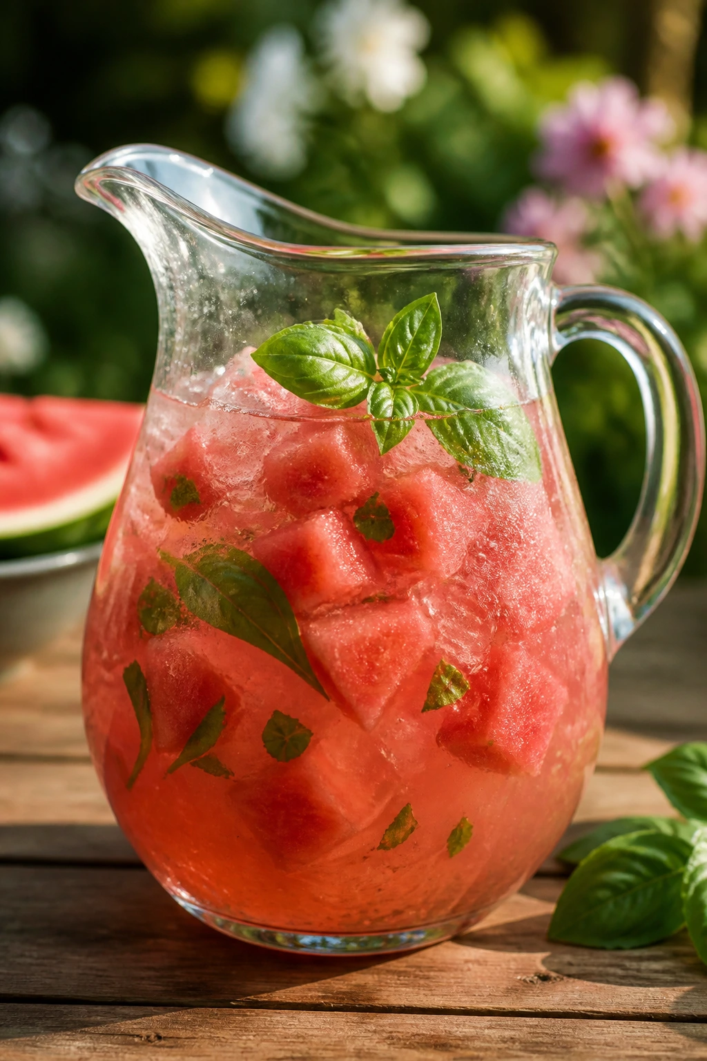 Watermelon basil gin smash pitcher on sunlit garden table