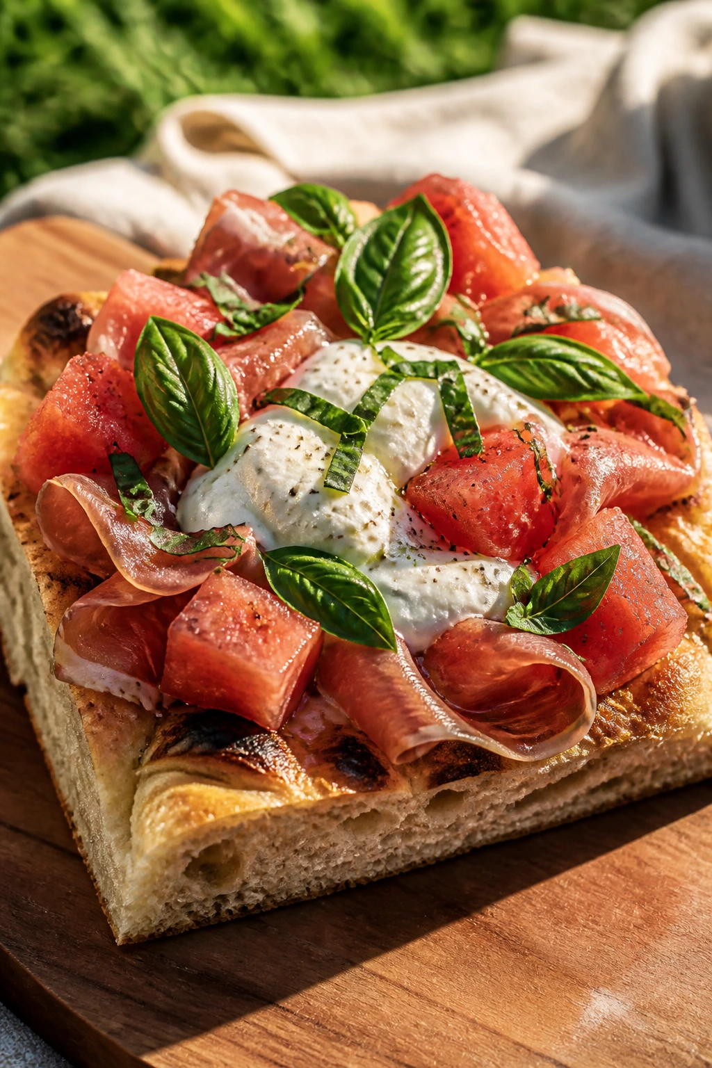 Close-up of watermelon burrata focaccia slice with prosciutto on a wooden board