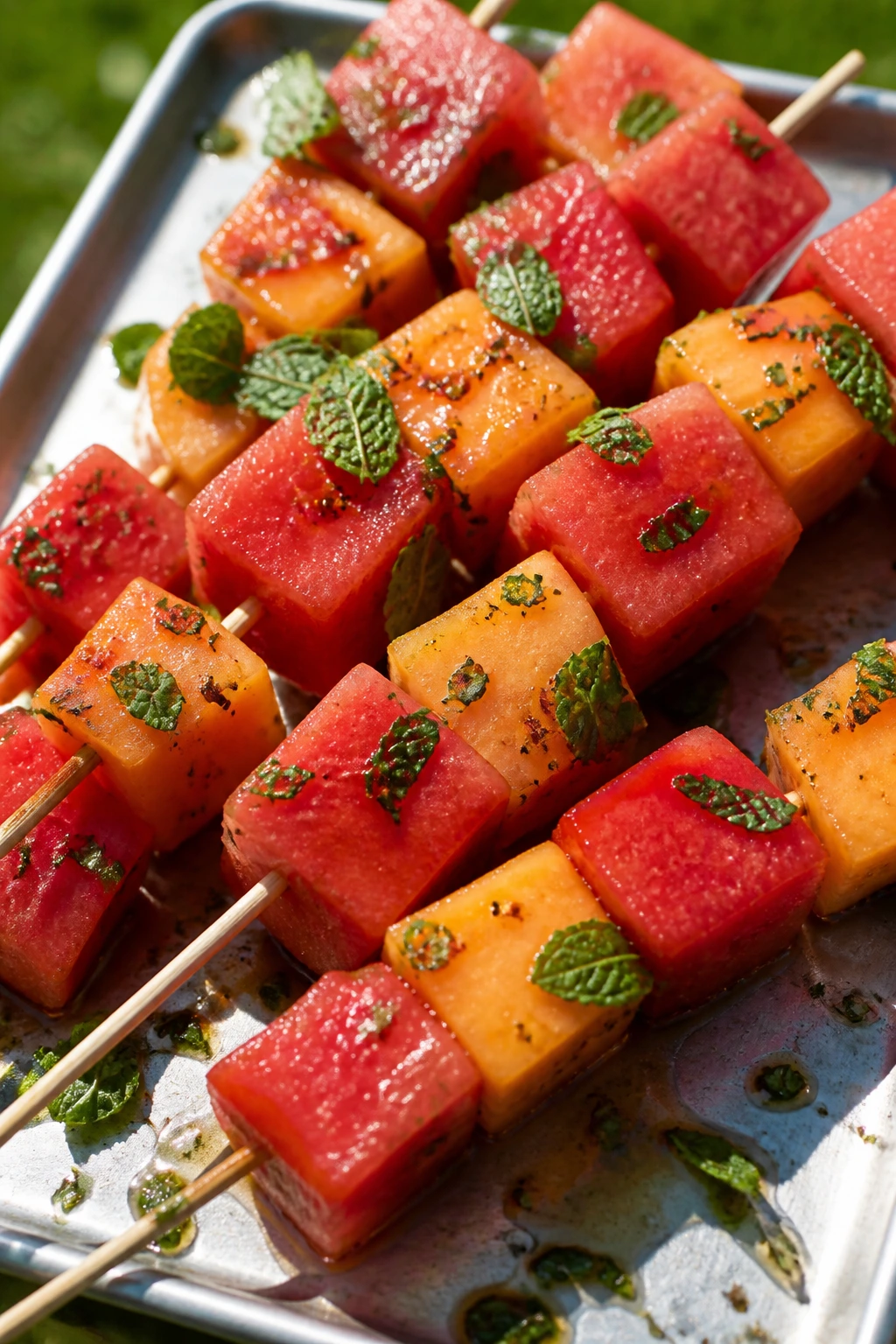 Close-up watermelon cantaloupe mint chili-lime kebabs
