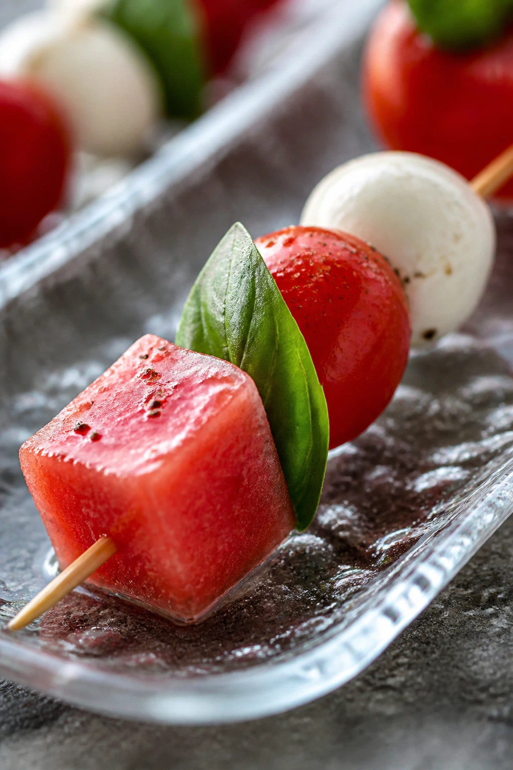 Watermelon Caprese Skewer with mozzarella and basil on chilled platter