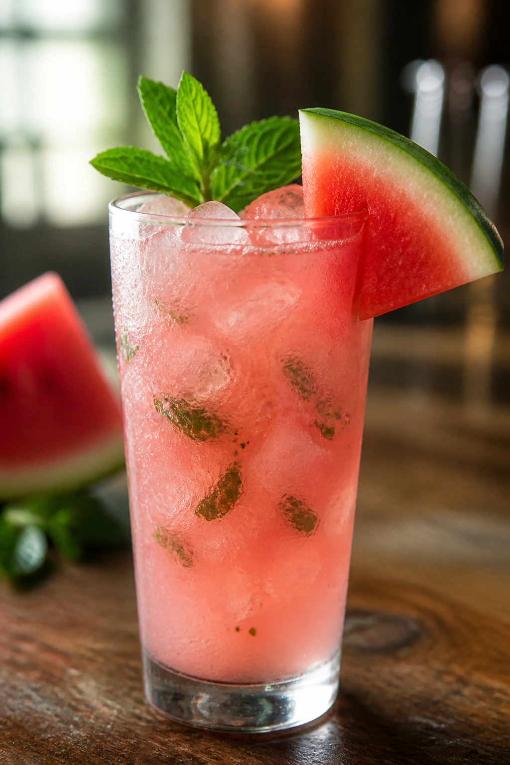 Close-up of Watermelon Coconut Vodka Smash in a glass with mint and watermelon on a wooden bar