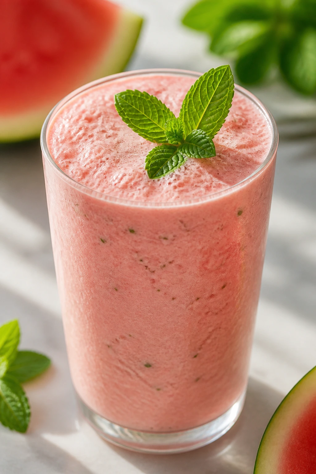 Close-up of Watermelon Coconut Mint Smoothie in a glass on a bright kitchen counter