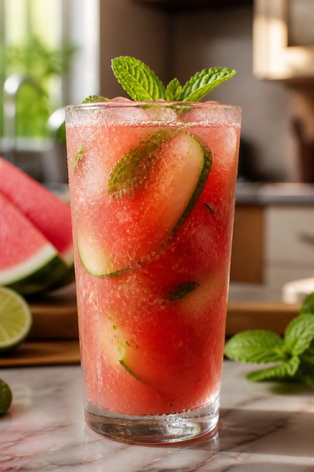 Glass of watermelon cucumber mint juice with fresh mint in a bright kitchen
