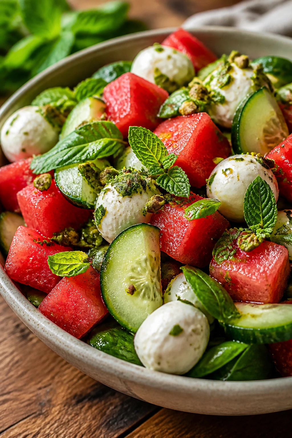 Close-up of Watermelon Cucumber Mozzarella Salad with mint on a rustic wooden table.