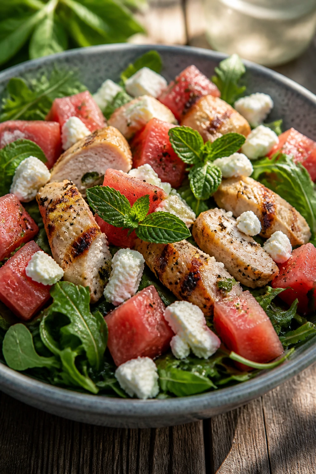 Watermelon, feta, and grilled chicken salad in a bowl