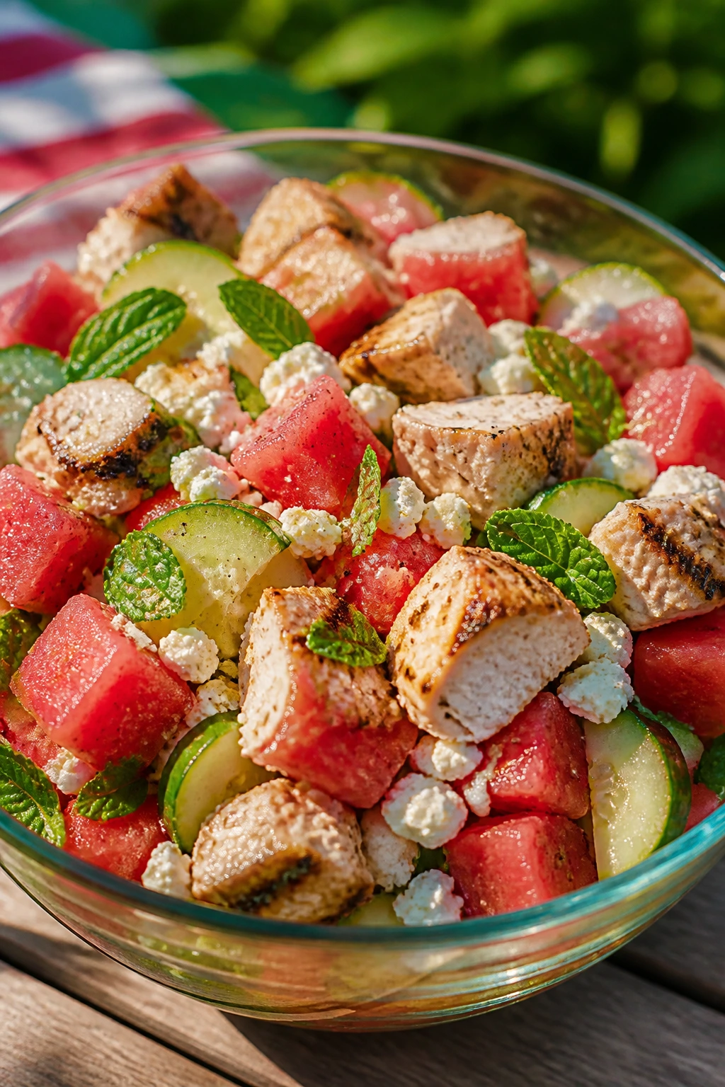 Close-up of Watermelon Feta Grilled Chicken Salad in a glass bowl on a sunlit wooden table