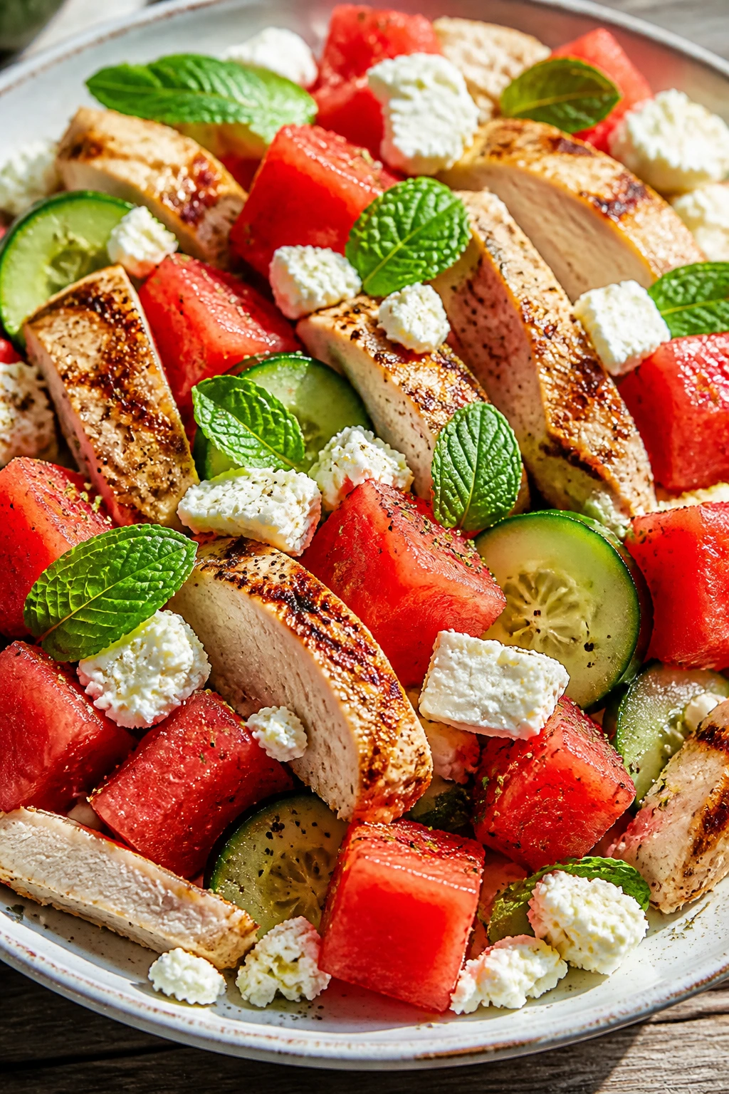 Close-up of watermelon feta chicken salad on a rustic plate with mint
