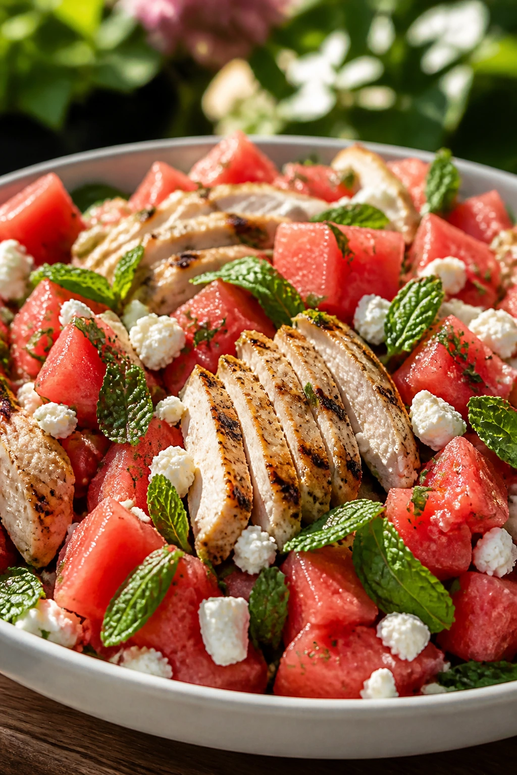 Close-up of Watermelon Feta Mint Salad with Chicken on a plate