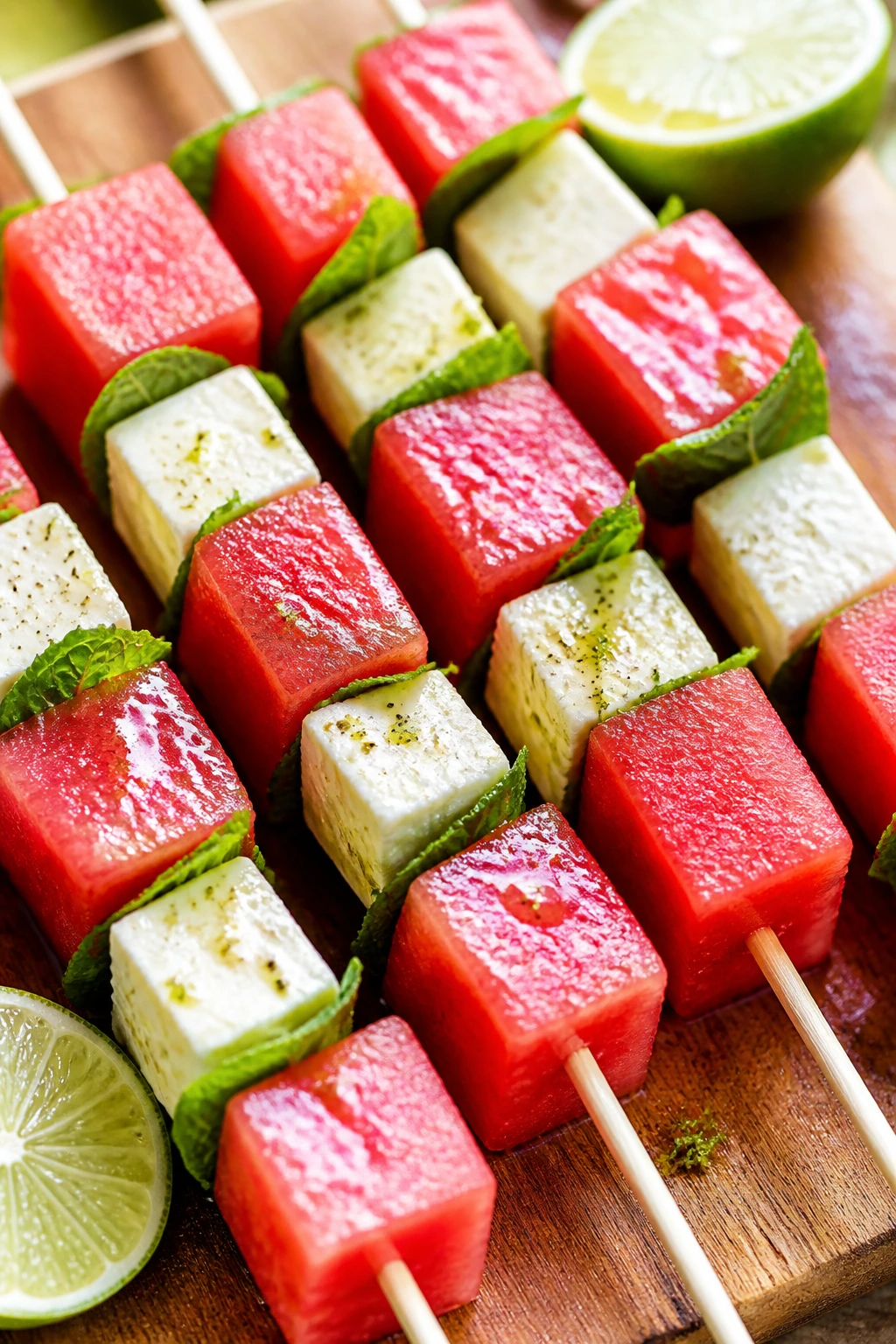 Watermelon and feta mint kebabs with lime on a wooden board