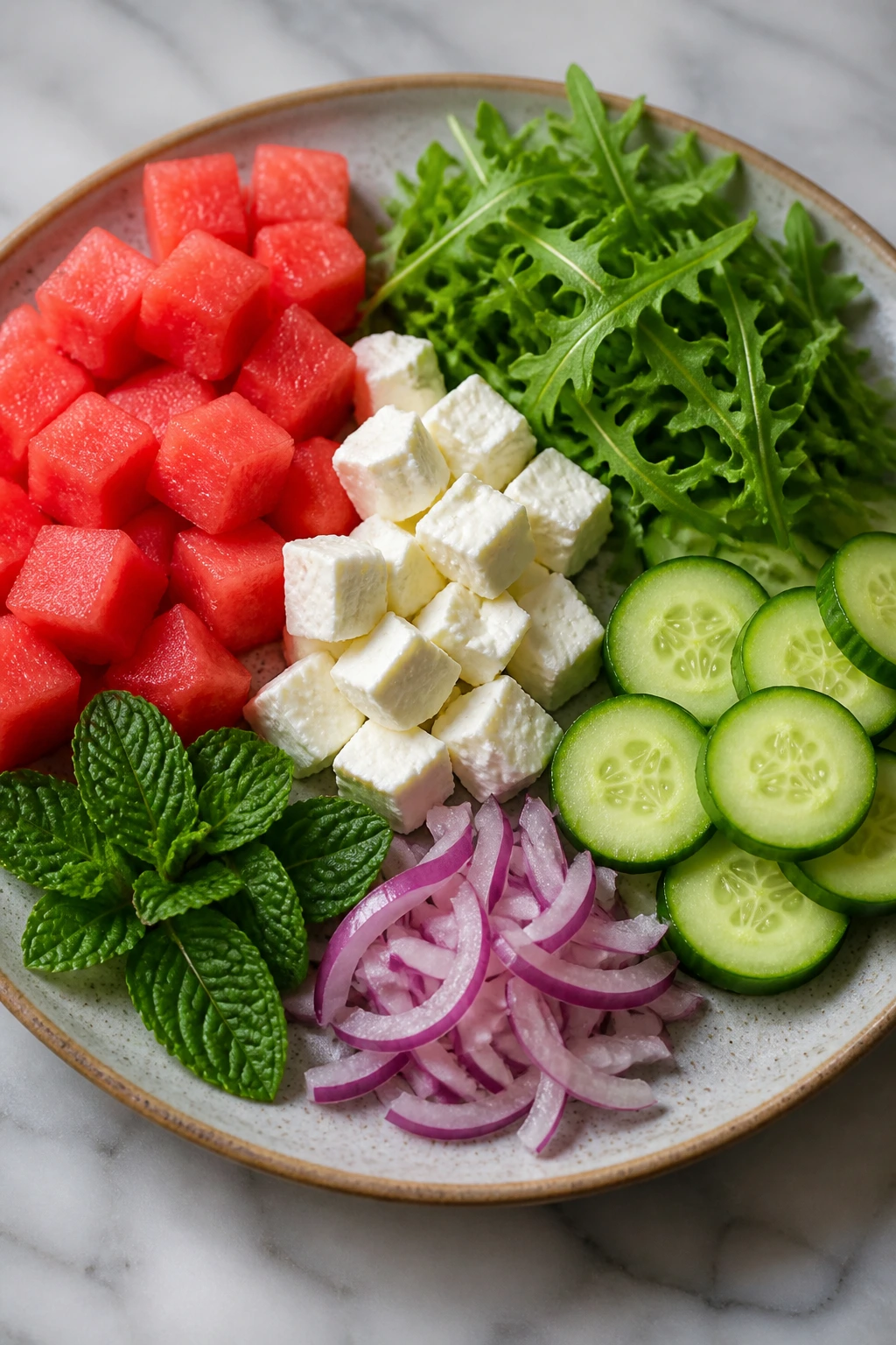 Plate of Watermelon and Feta lineup with watermelon, feta, arugula, cucumber, onion, mint