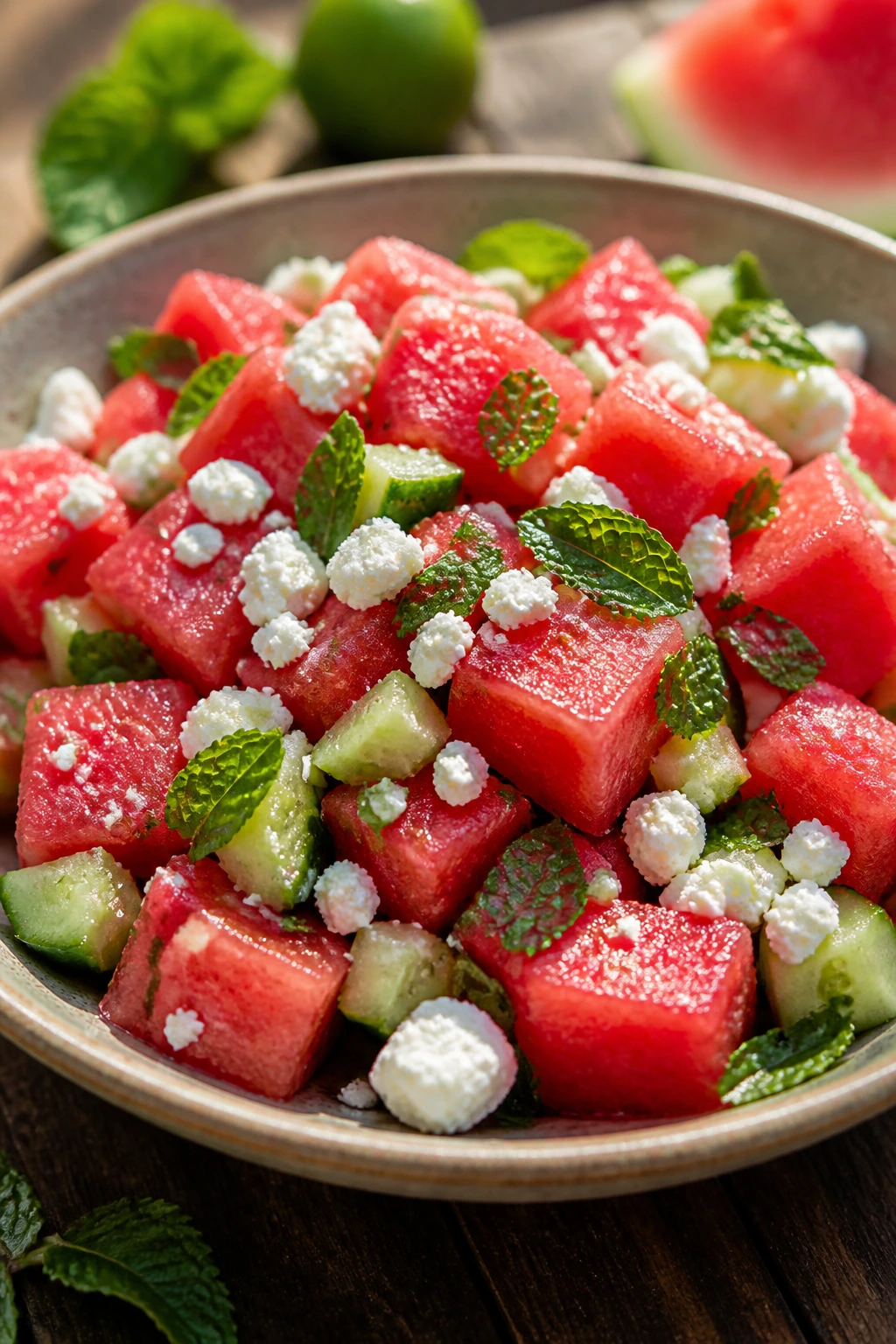 Watermelon feta mint salad in a bowl for picnic