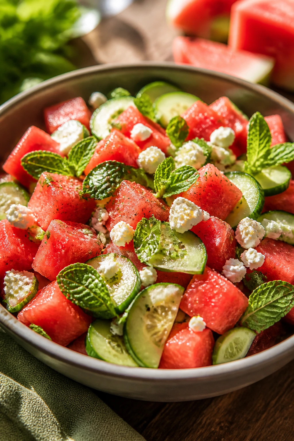 Close-up of watermelon feta salad with mint in a bowl