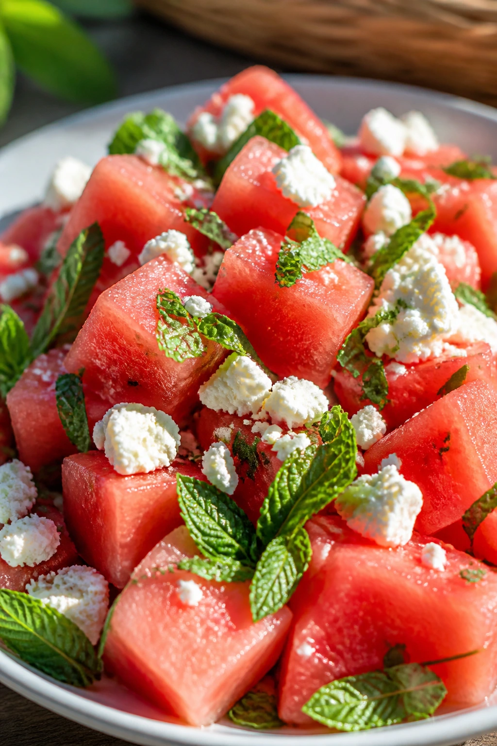 Watermelon feta mint salad on plate