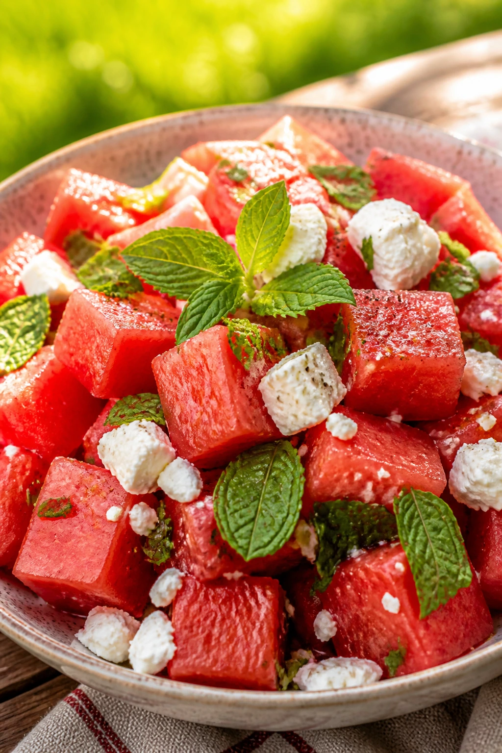 Vibrant watermelon, feta, and mint salad in a bowl for a picnic.