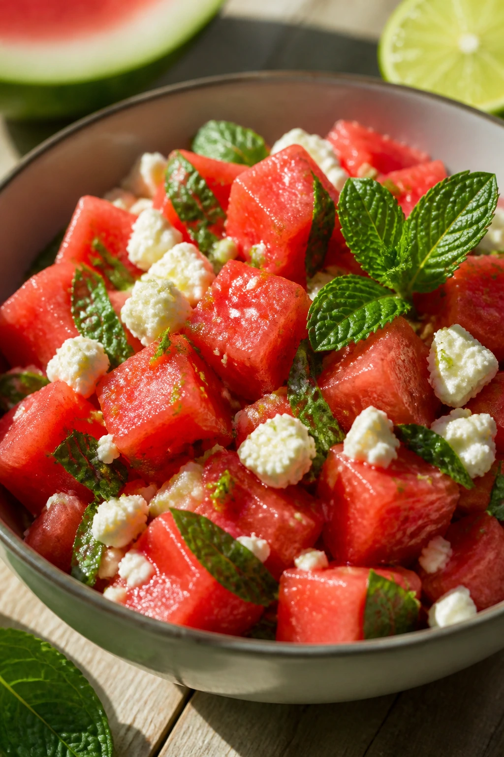 Watermelon feta mint salad in a bowl, close-up