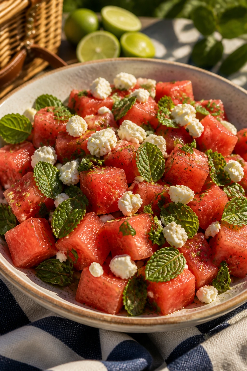 Close-up of watermelon feta mint salad in a rustic bowl