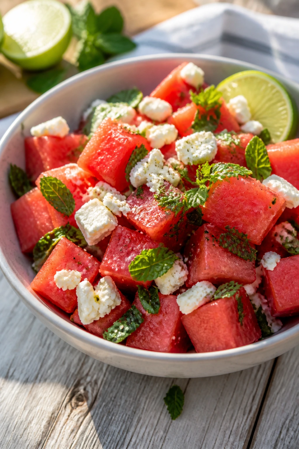 Watermelon feta mint salad close-up with lime