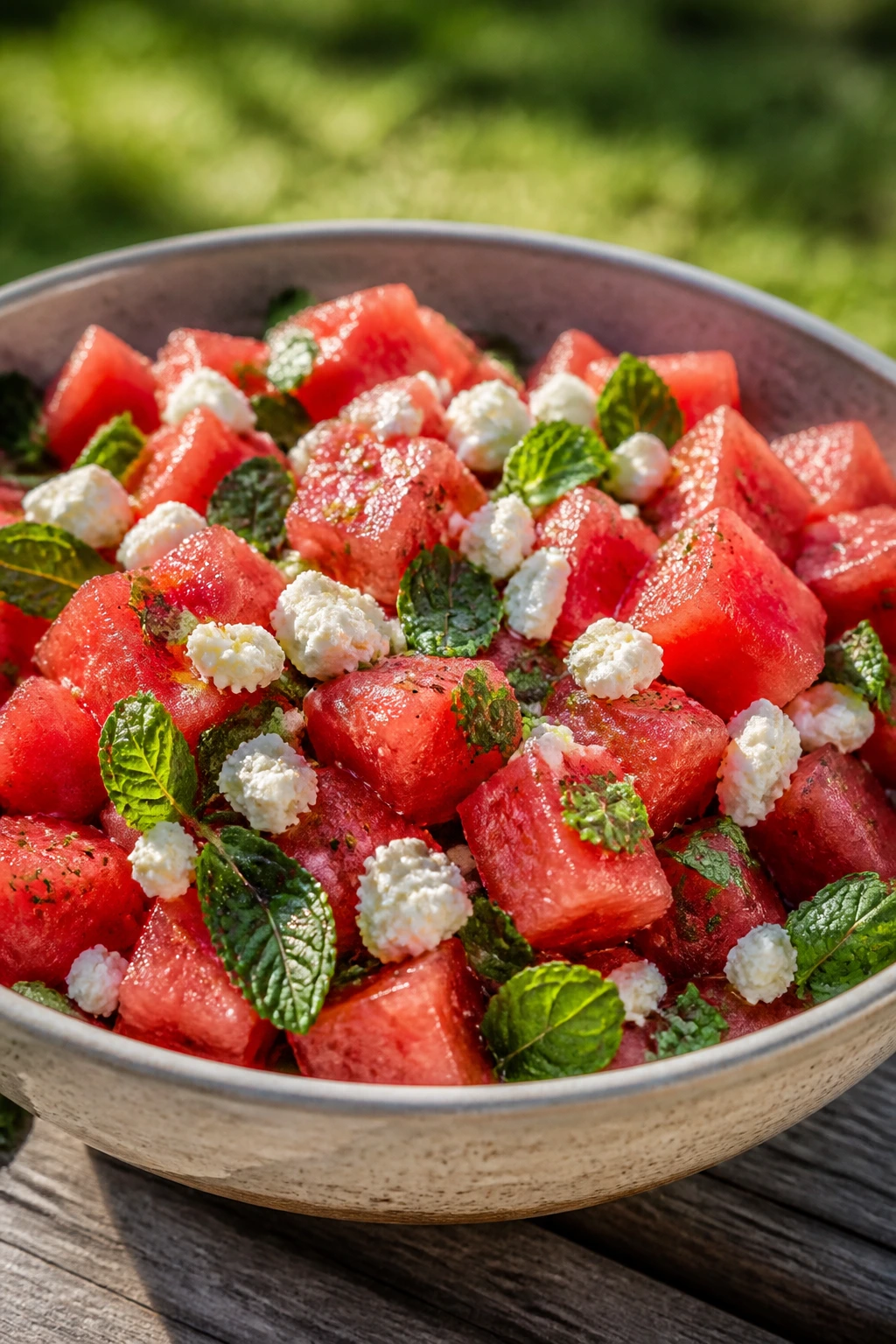 Close-up of watermelon feta mint salad in a bowl on a picnic table.