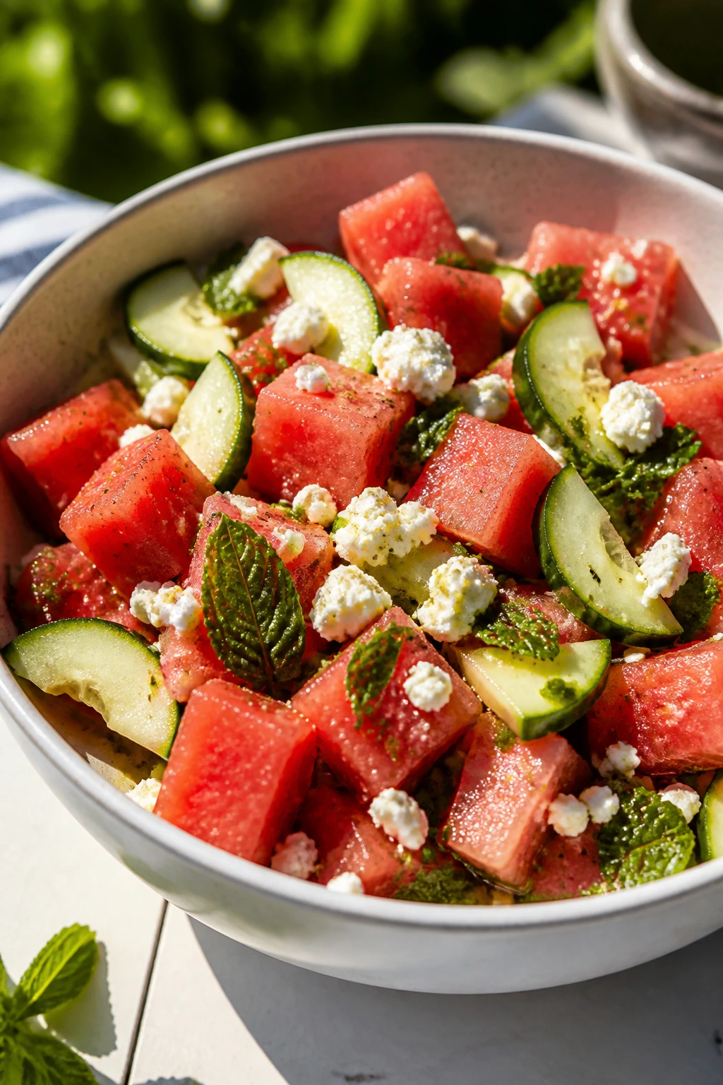 Close-up of watermelon feta mint salad on an outdoor table