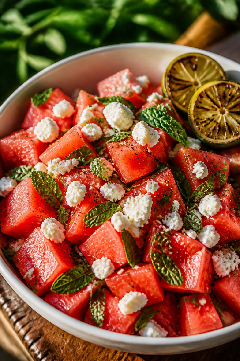 Watermelon feta mint salad with charred lime