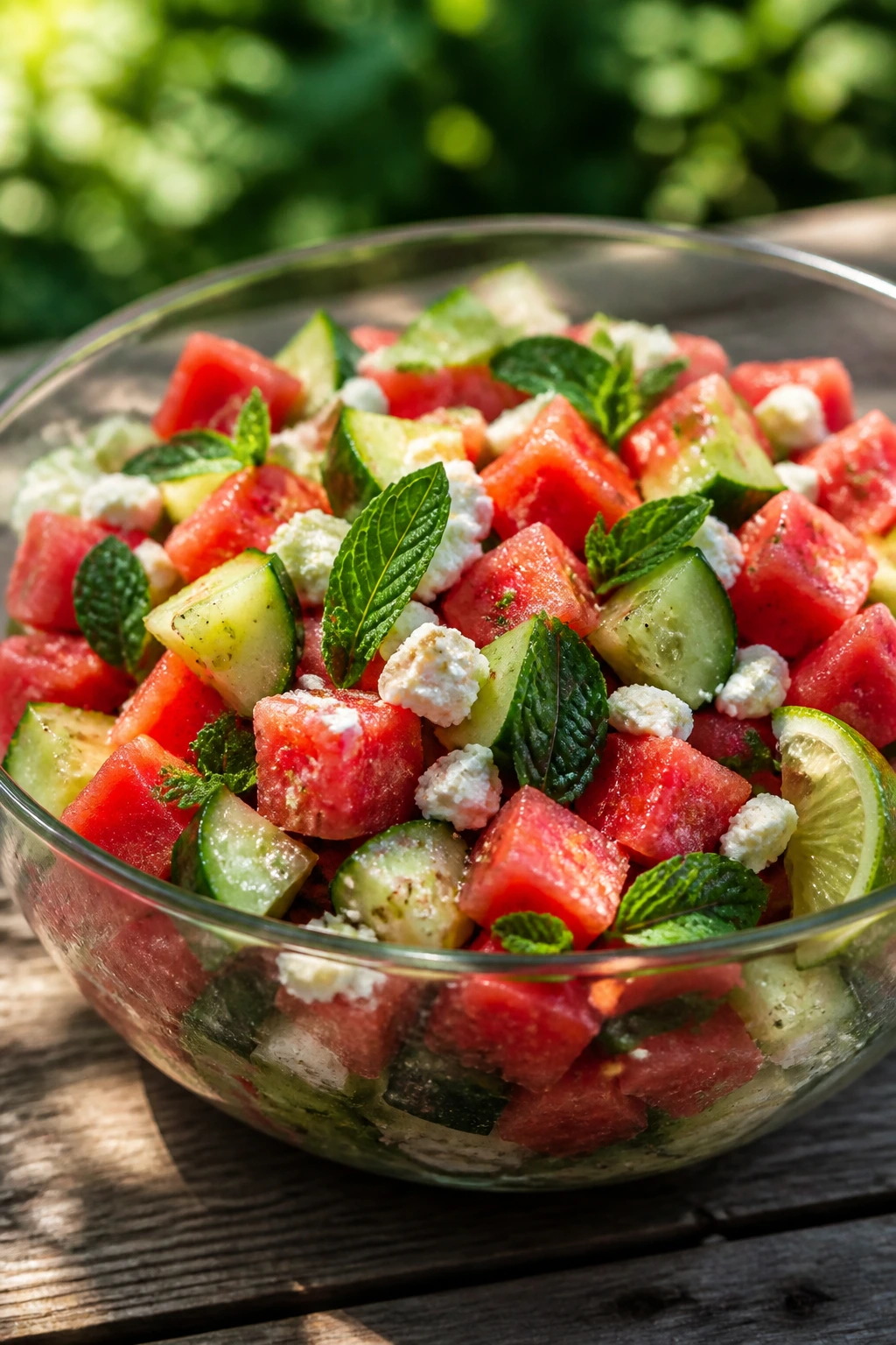 Close-up of Watermelon Feta Mint Salad with Lime in a bowl on a sunlit outdoor table