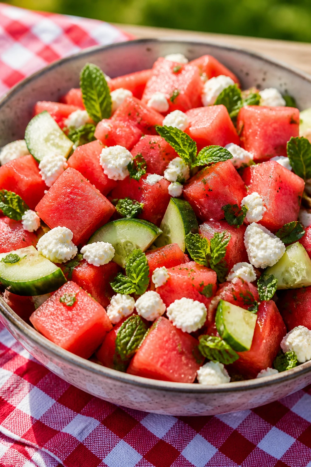 Watermelon feta mint salad in a bowl at a picnic