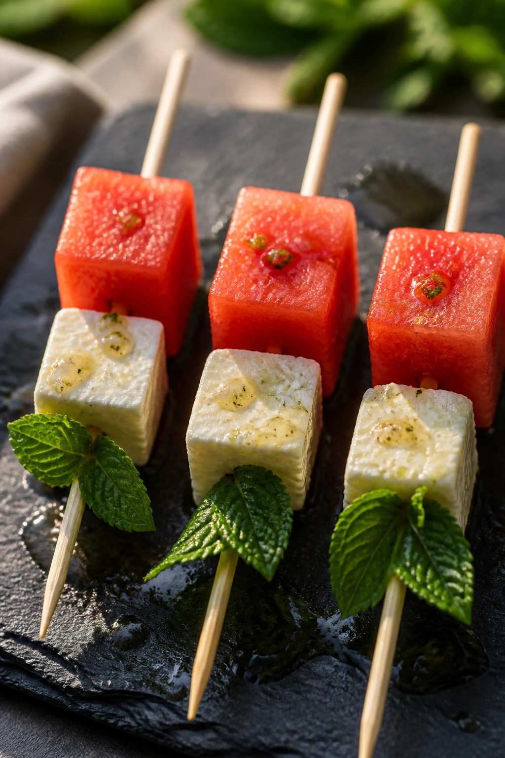 Watermelon feta mint skewers on slate board