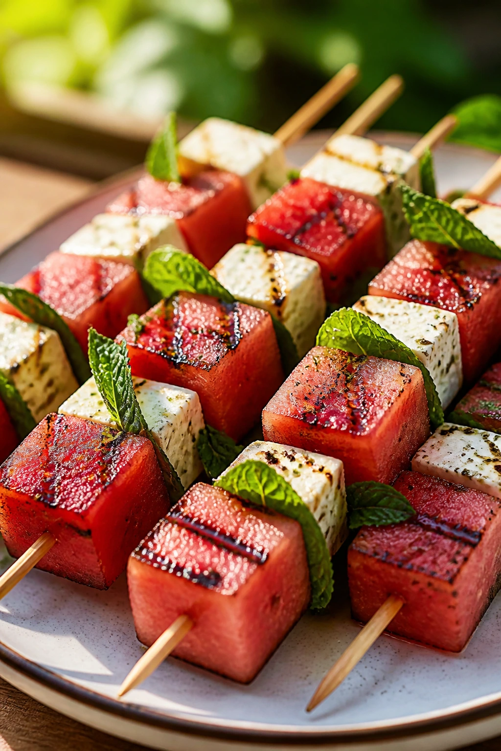 Watermelon, feta, and mint skewers on a plate outdoors