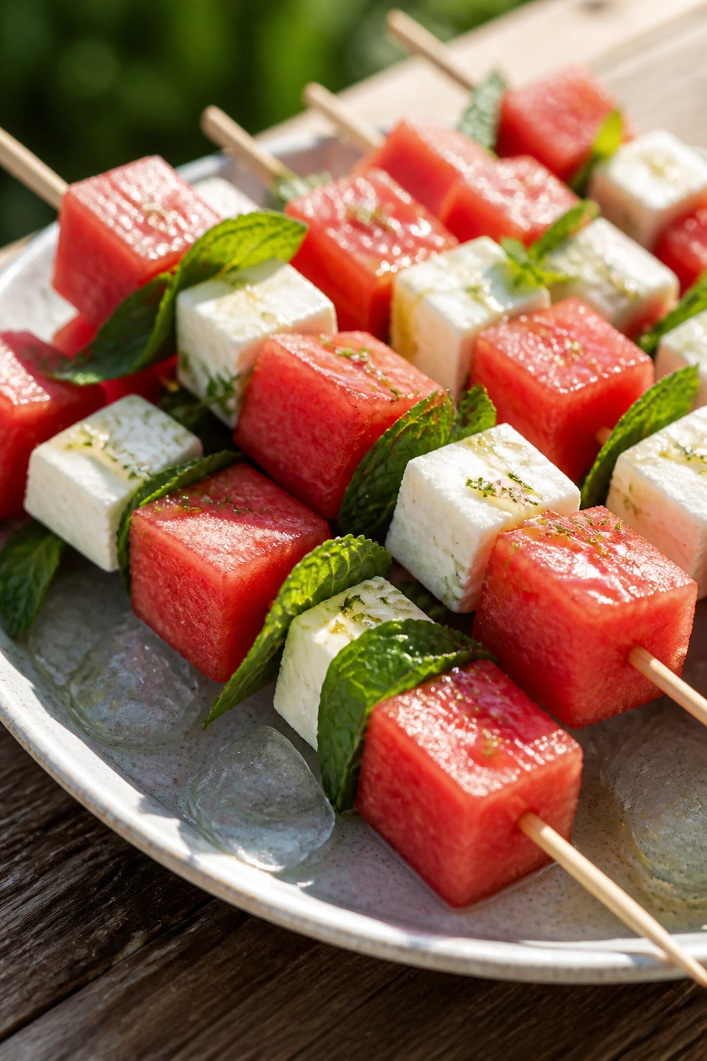 Close-up of watermelon, feta, and mint skewers on a chilled platter
