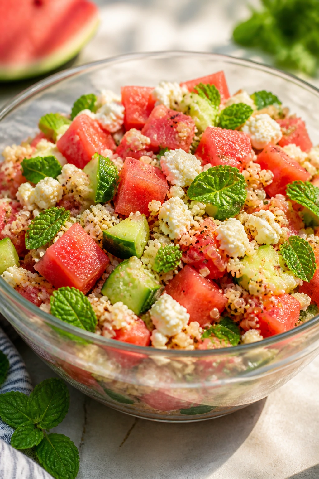 Quinoa salad with watermelon feta cucumber and mint in a glass bowl