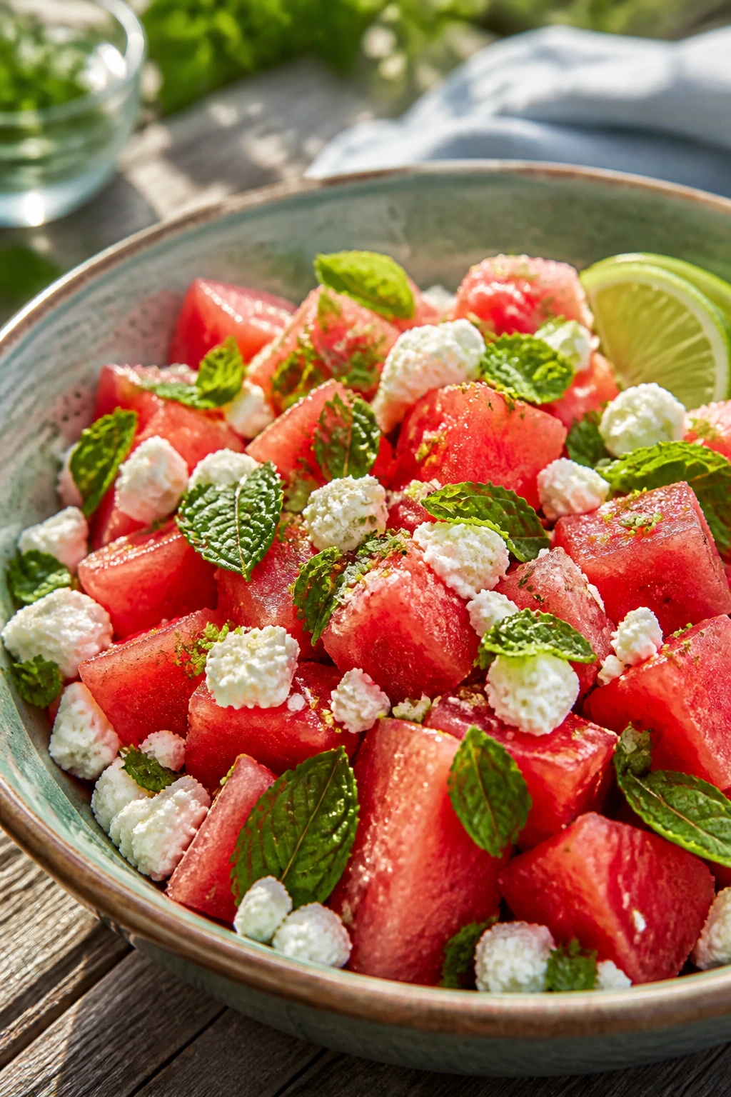 Watermelon, feta, and mint salad in a bowl outdoors.