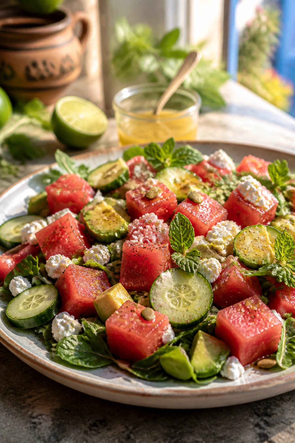 Close-up of watermelon feta salad with greens and lime vinaigrette on a rustic plate